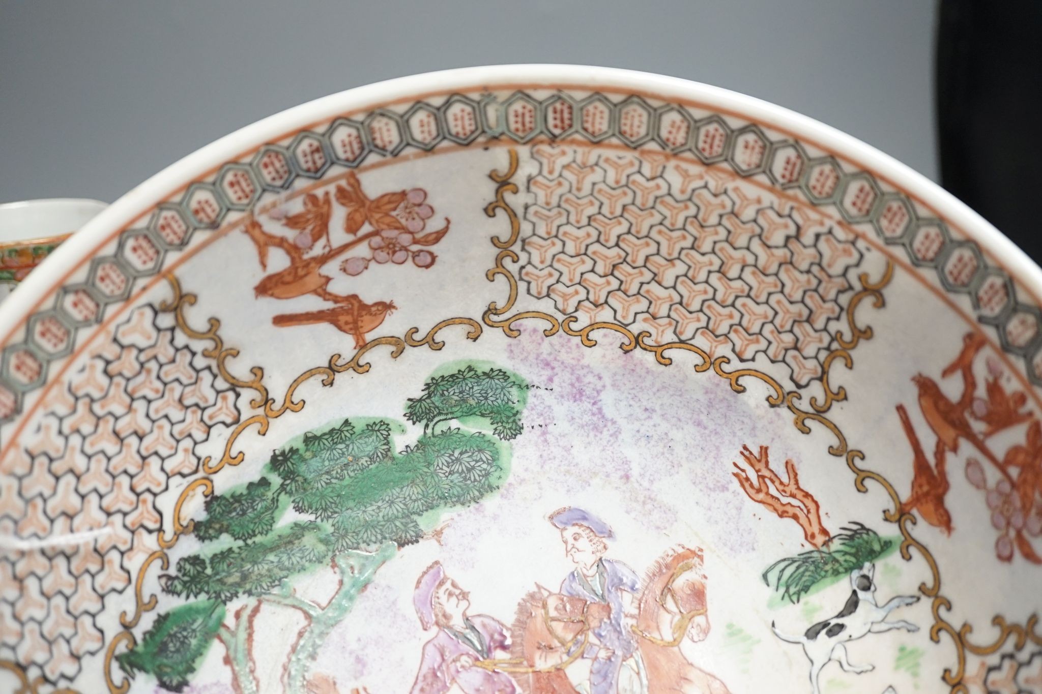 A pair of Chinese Canton famille rose vases and a bowl on stand